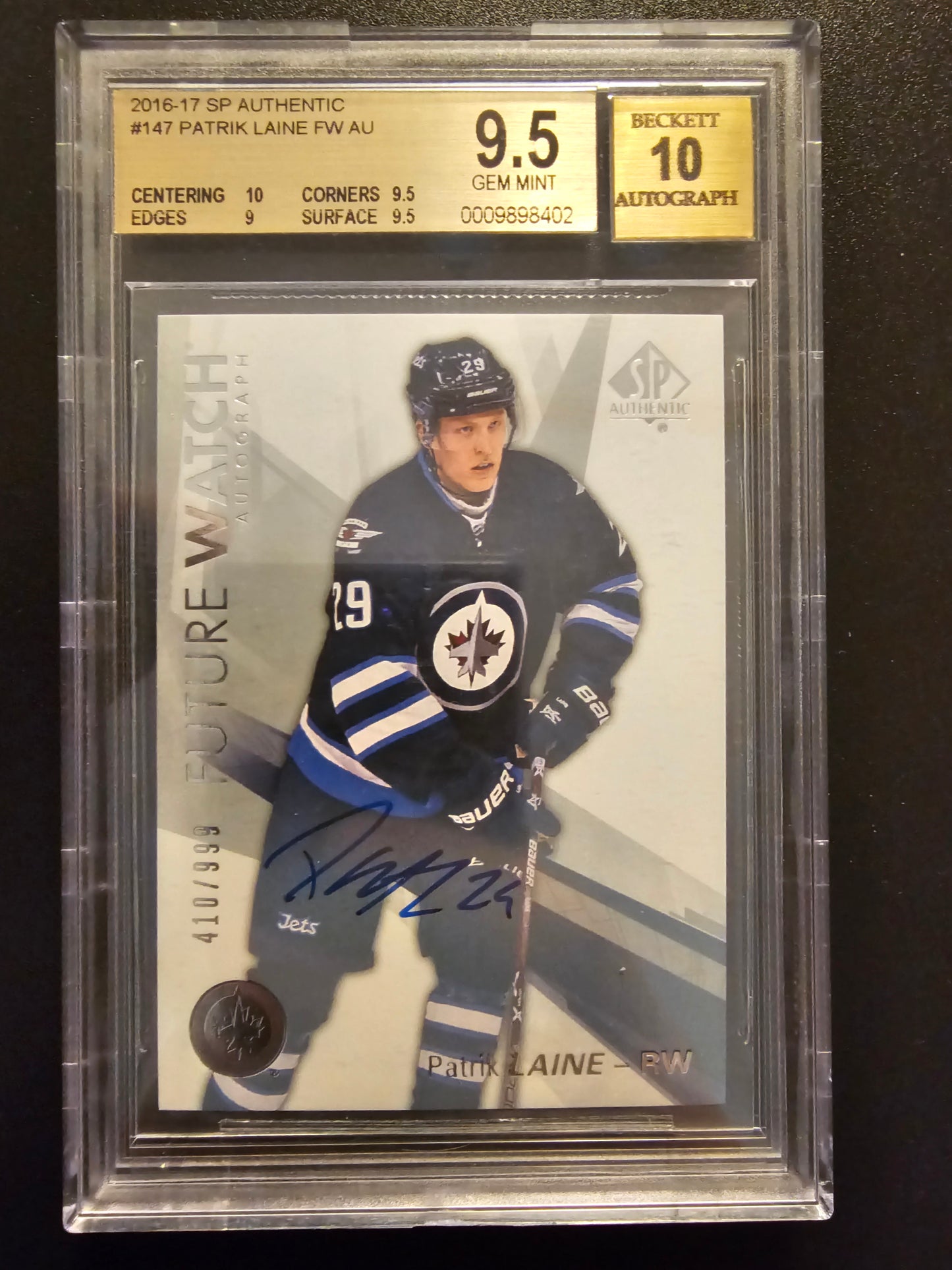 2016-17 Upper Deck SP Authentic Future Watch - Patrik Laine #147 /999 BGS 9.5 Auto 10 RC