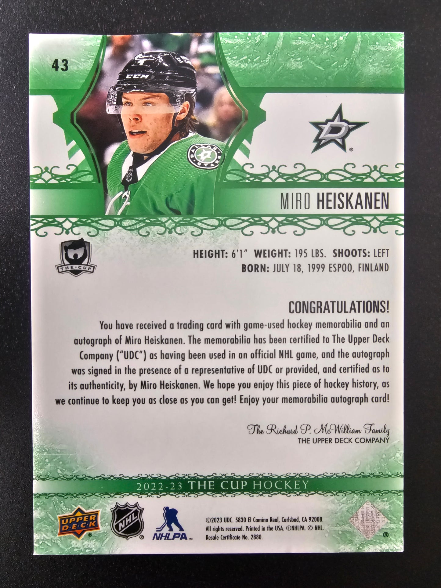 2022-23 The Cup - Green Button Autograph - Miro Heiskanen #43 /3