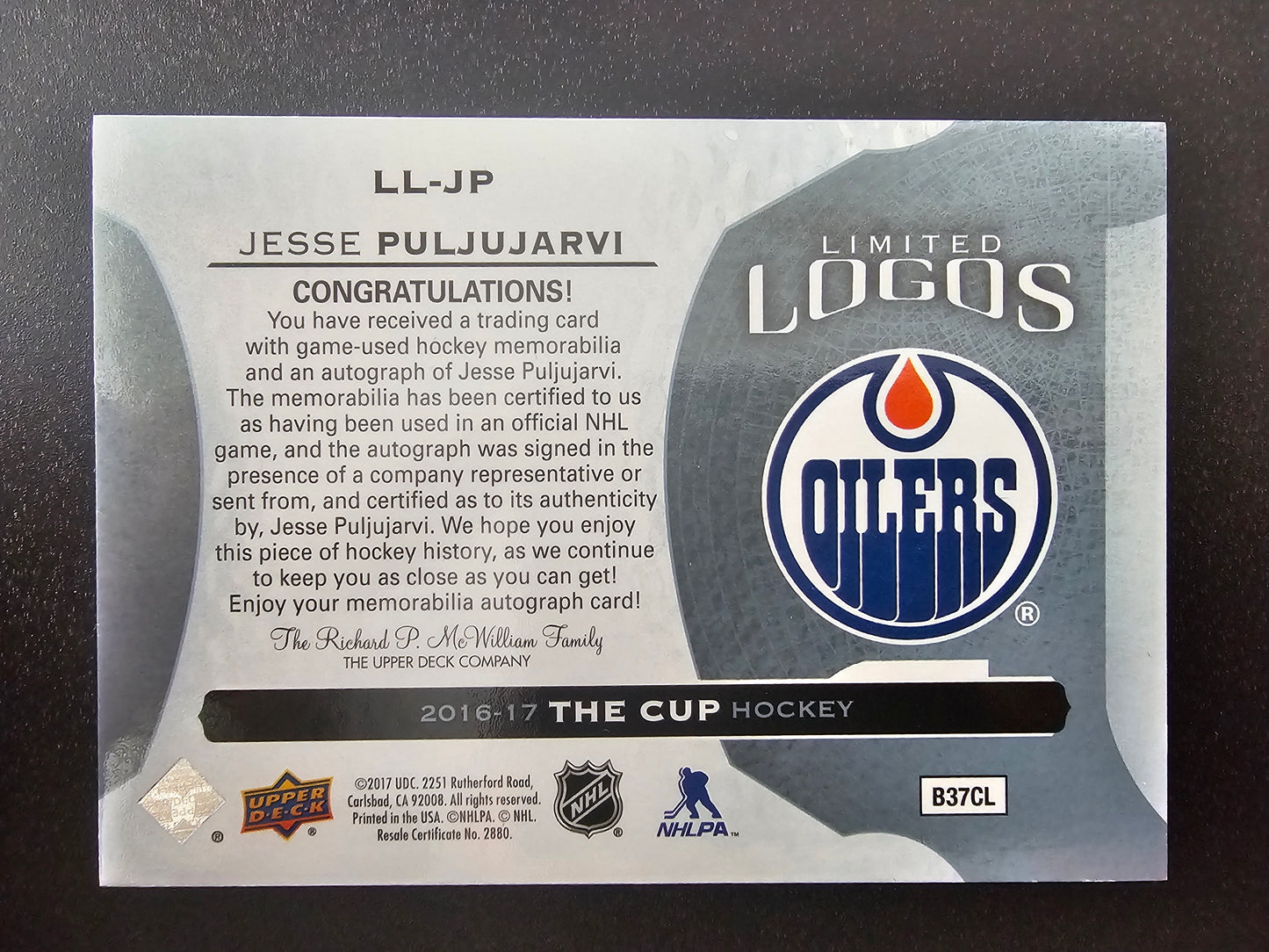 2016-17 Upper Deck The Cup - Limited Logos - Jesse Puljujarvi #LL-JP /50 RY