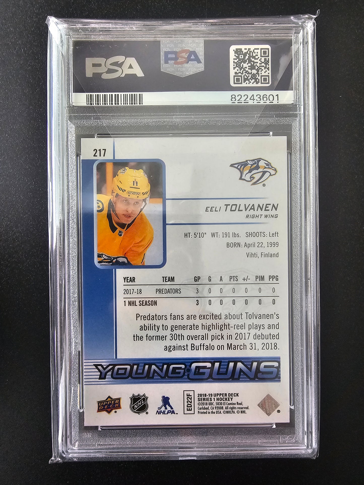 2018-19 Upper Deck - Speckled Rainbow Foil Young Guns - Eeli Tolvanen #217 PSA10 RC