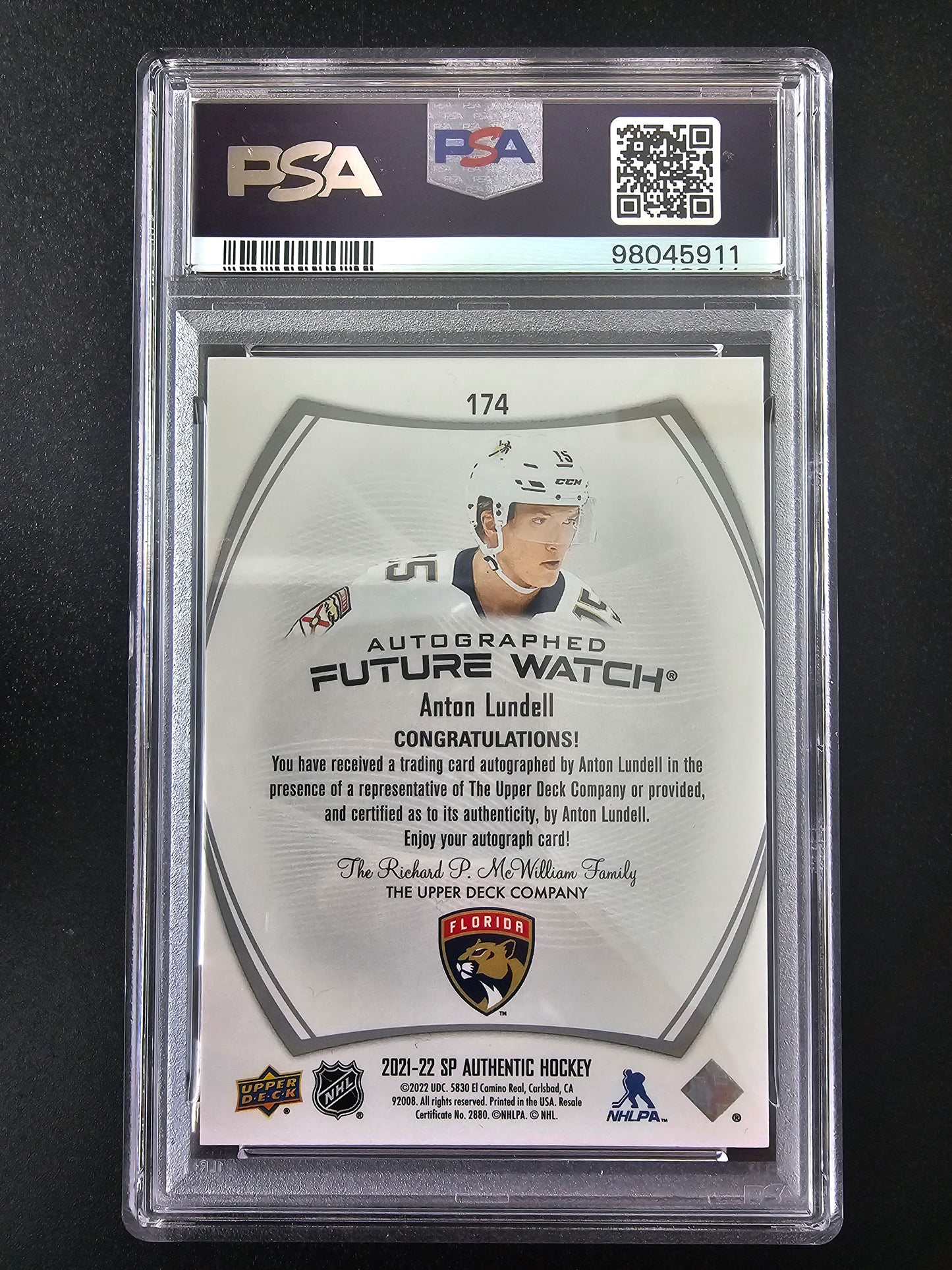 2021-22 Upper Deck SP Authentic Future Watch - Anton Lundell #174 /999 PSA 10 RC