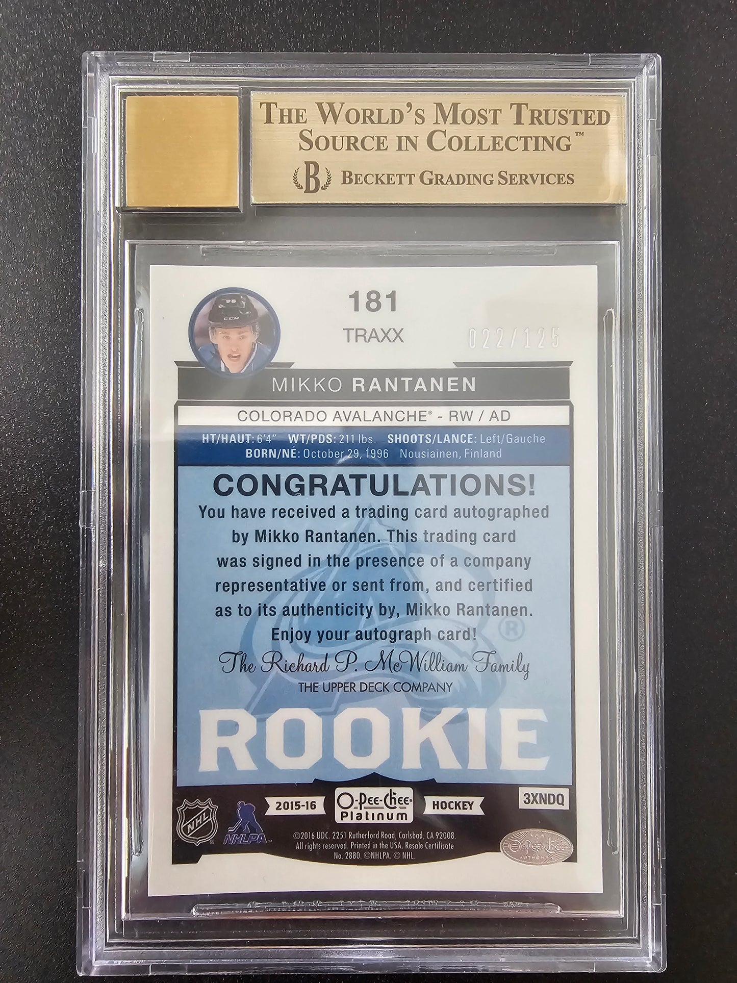 2015-16 Upper Deck O-Pee-Chee Platinum - Traxx - Rookie Autographs - Mikko Rantanen #163 /125 BGS 9.5 / Auto 9 RY