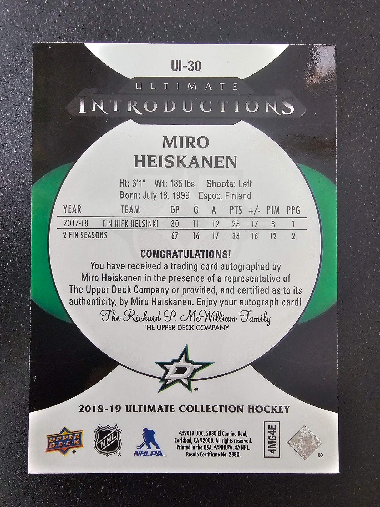 2018-19 Upper Deck Ultimate Collection - Ultimate Introductions - Onyx Black Autographs - Miro Heiskanen #UI-30 /10 RY
