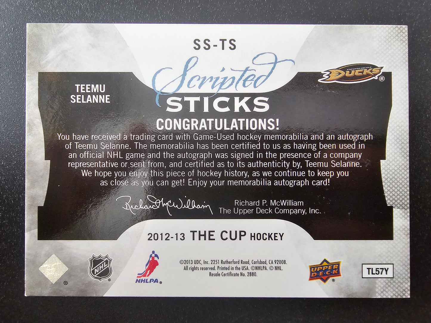 2012-13 Upper Deck The Cup - Scripted Sticks - Teemu Selanne #SS-TS /35