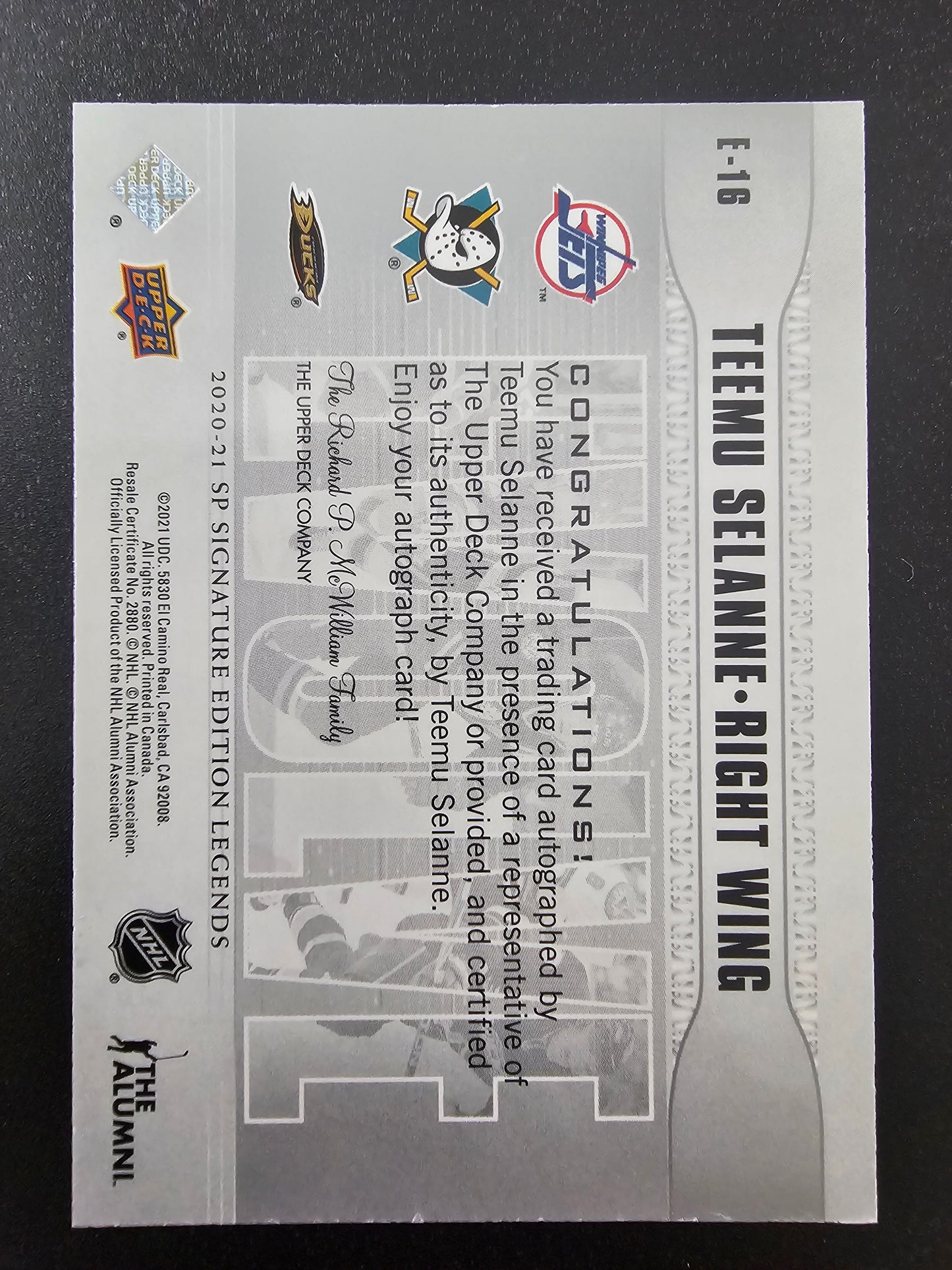 2020-21 Upper Deck SP Signature Edition Legends - Evolve Silver Spectrum Foil Autographs - Teemu Selanne #E-16 /35