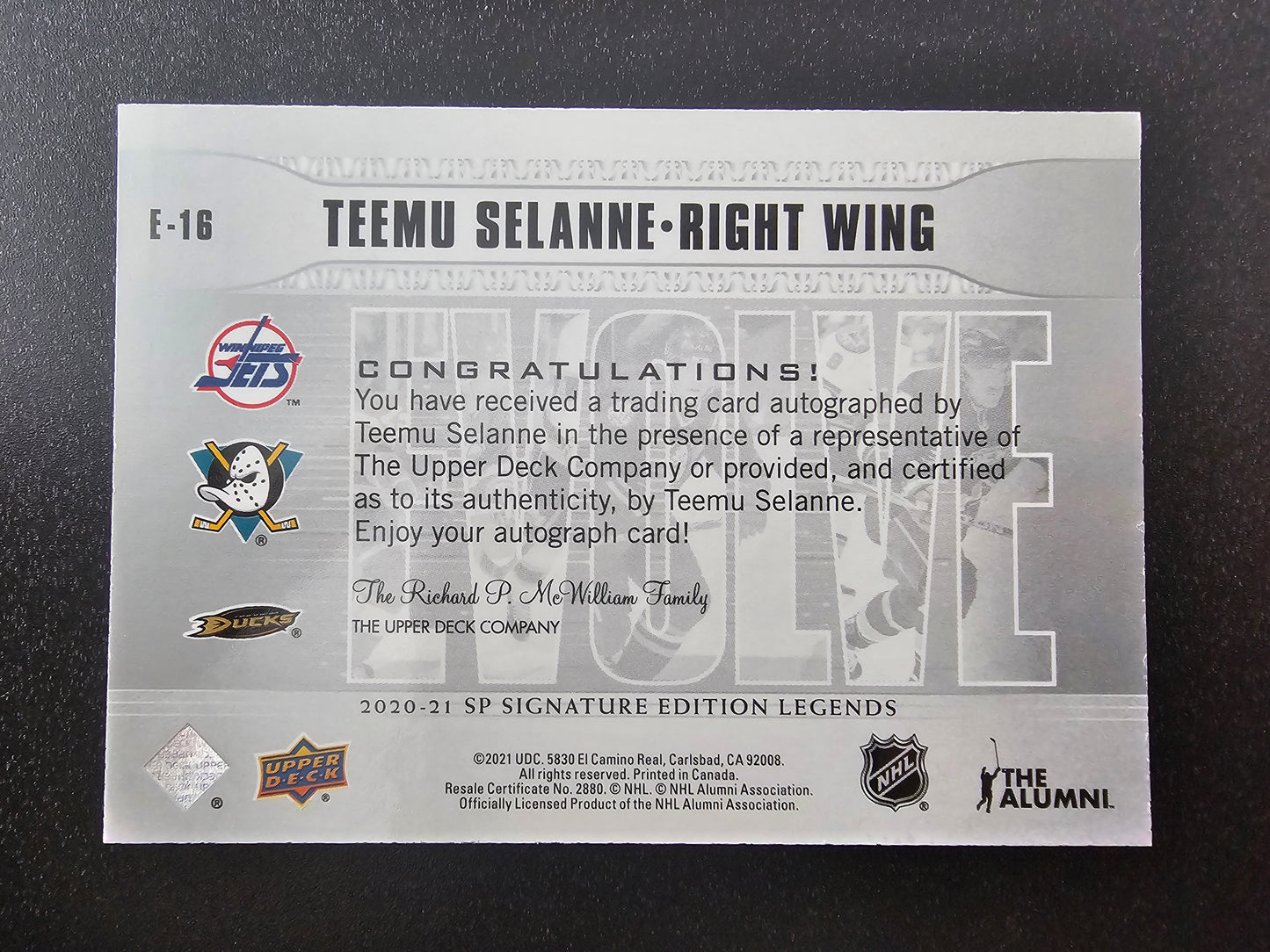 2020-21 Upper Deck SP Signature Edition Legends - Evolve Silver Spectrum Foil Autographs - Teemu Selanne #E-16 /35