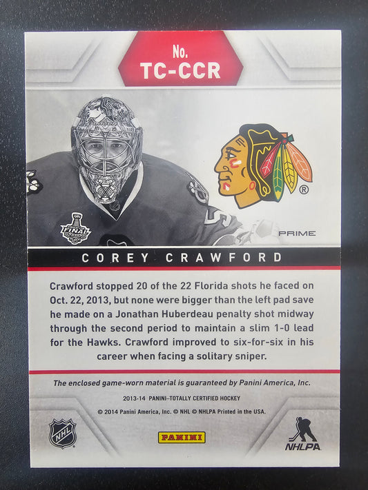 2013-14 Panini Totally Certified - Totally Certified Materials - Blue Prime - Corey Crawford #TC-CCR /50