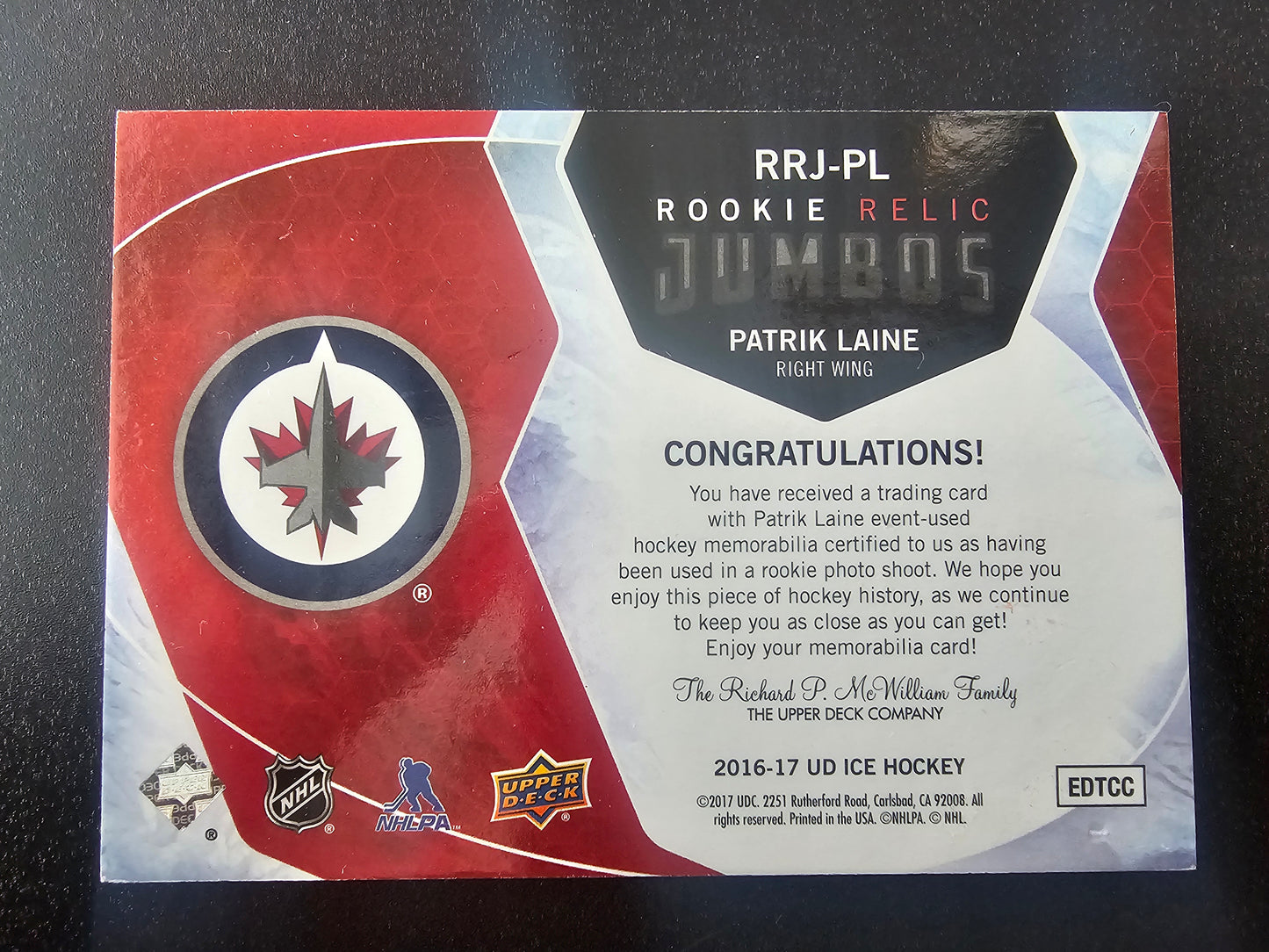 2016-17 Upper Deck Ice - Rookie Relic Jumbos Red - Patrik Laine #RRJ-PL /15 RY