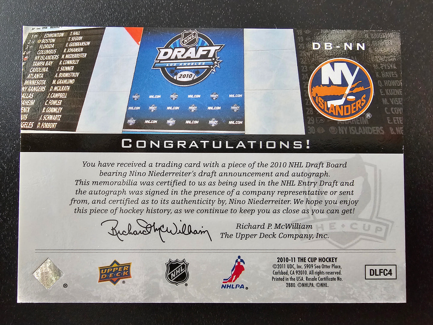 2010-11 Upper Deck The Cup - Auto Draft Boards - Nino Niederreiter #DB-NN /25