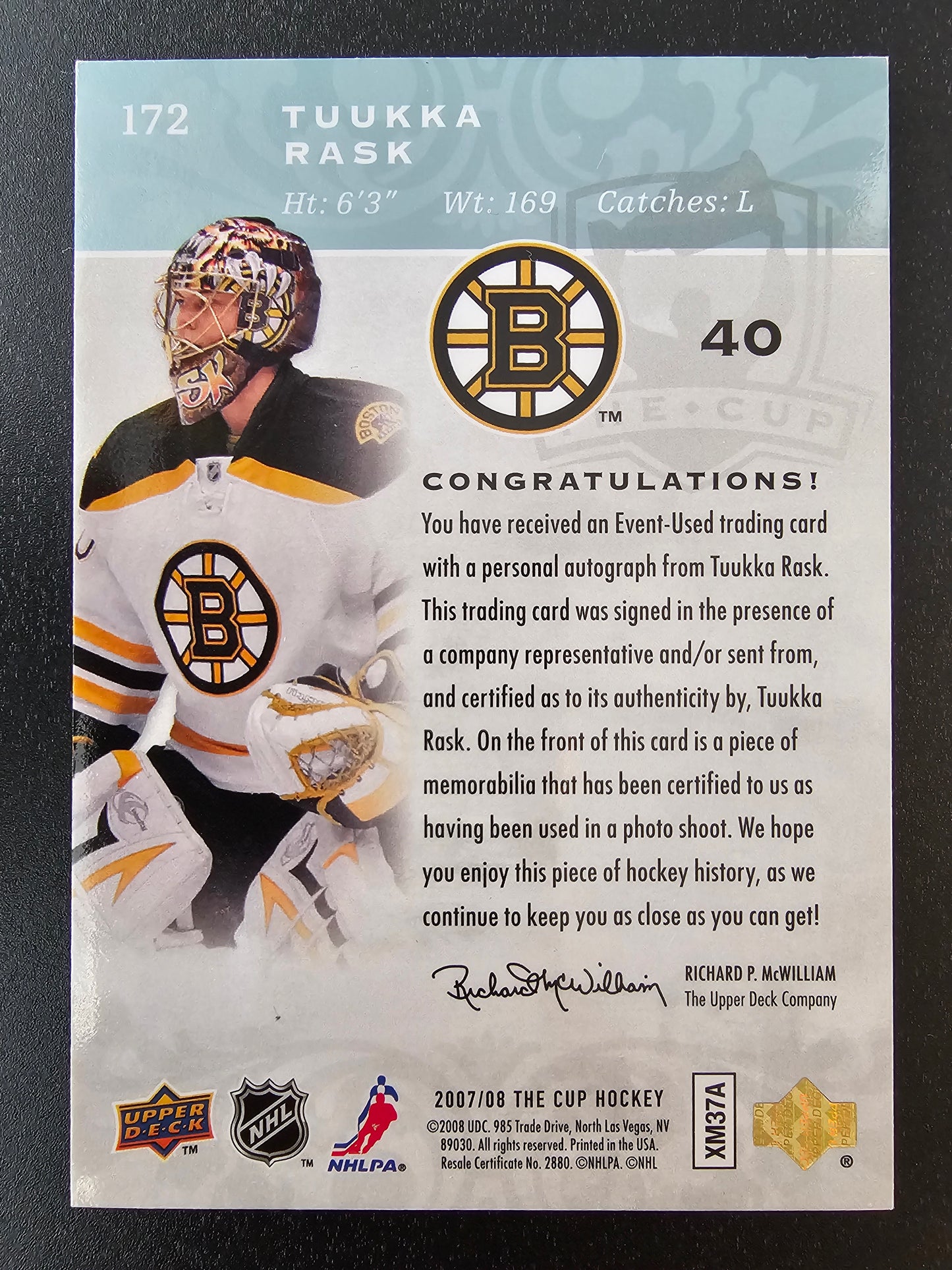 2007-08 Upper Deck The Cup RPA - Tuukka Rask #172 /249 RC