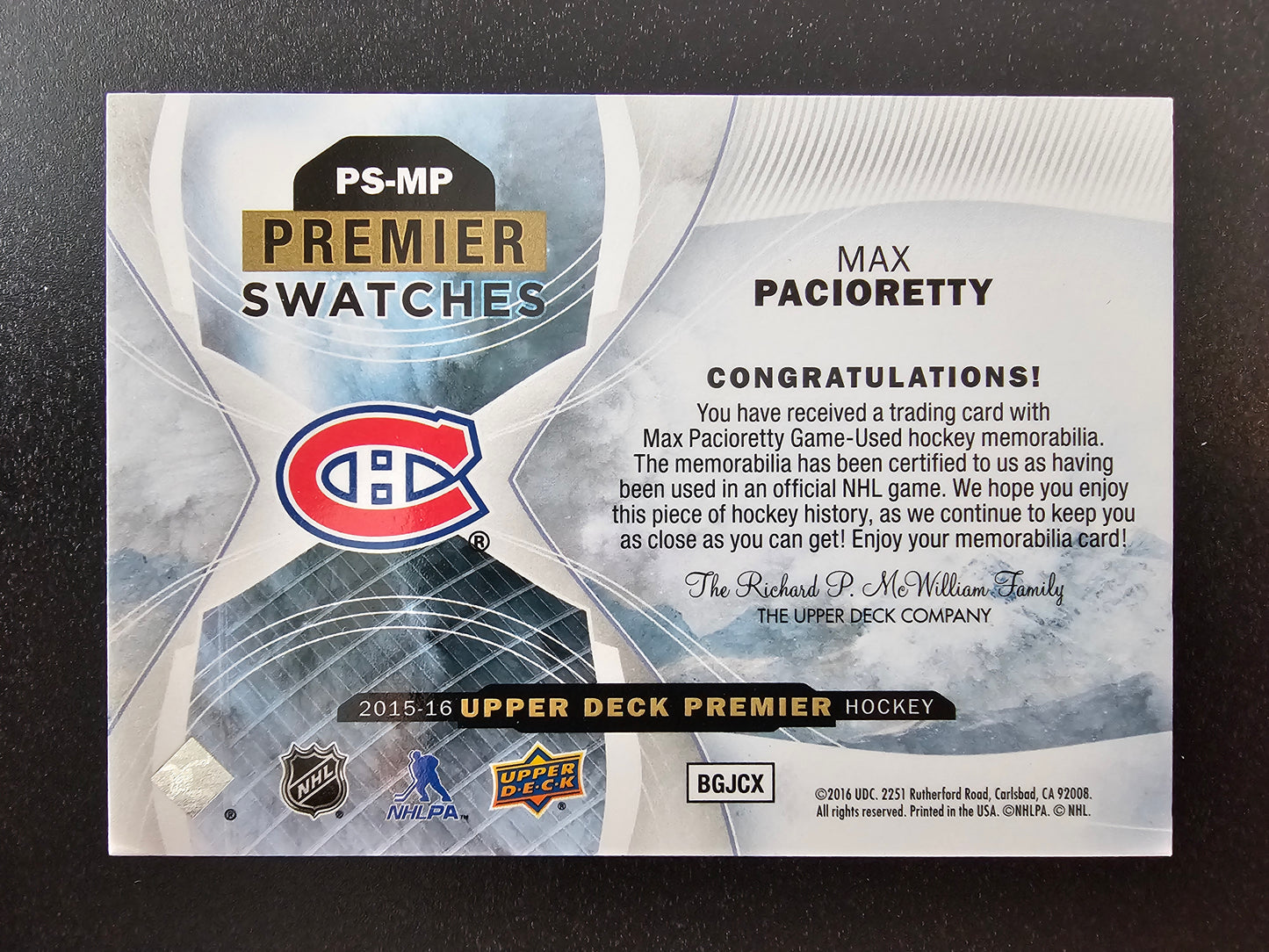 2015-16 Upper Deck Premier - Premier Swatches - Gold Spectrum - Max Pacioretty #PS-MP /15