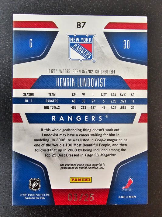 2011-12 Panini Certified - Mirror Gold Materials Prime - Henrik Lundqvist #87 /25