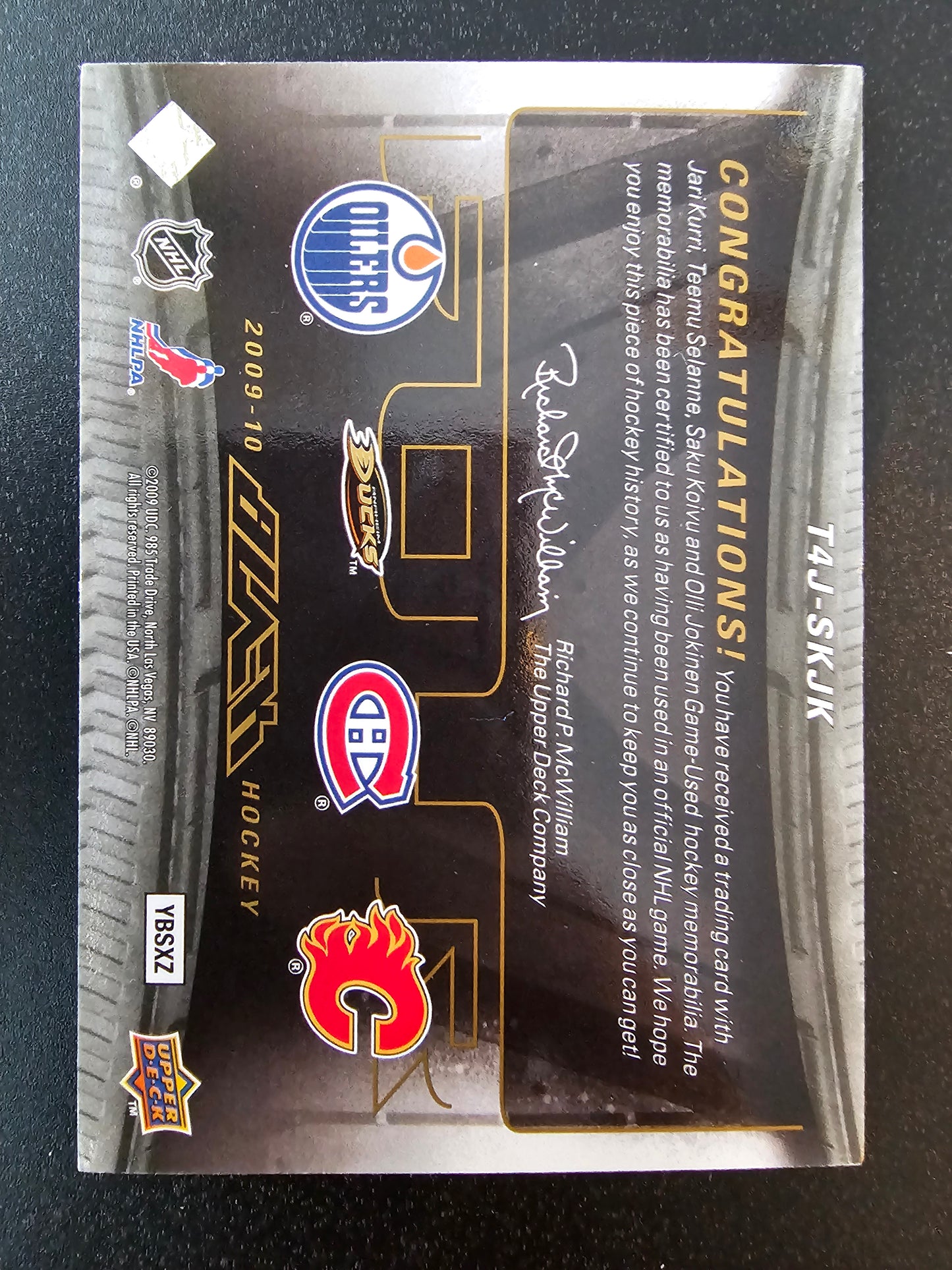 2009-10 Upper Deck UD Black - Foursomes Jari Kurri / Teemu Selanne / Saku Koivu / Olli Jokinen #T4J-SKJK /25