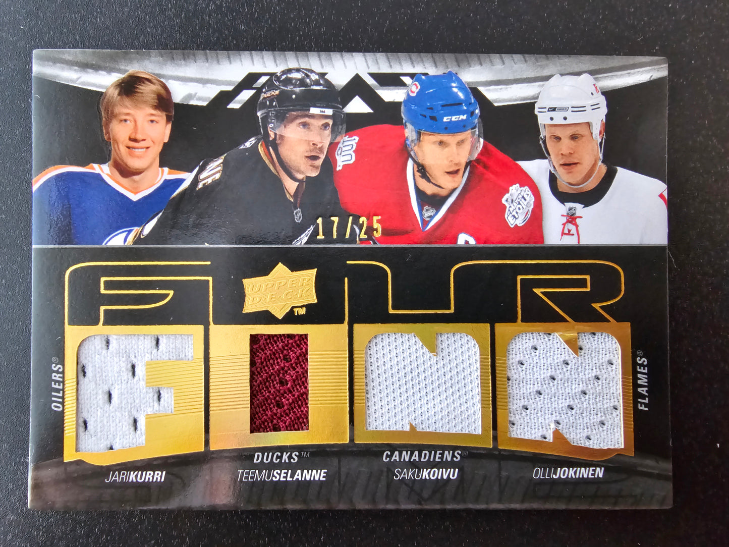 2009-10 Upper Deck UD Black - Foursomes Jari Kurri / Teemu Selanne / Saku Koivu / Olli Jokinen #T4J-SKJK /25
