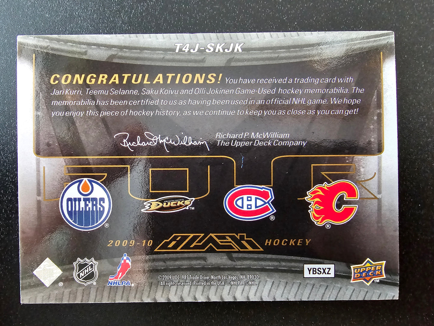 2009-10 Upper Deck UD Black - Foursomes Jari Kurri / Teemu Selanne / Saku Koivu / Olli Jokinen #T4J-SKJK /25