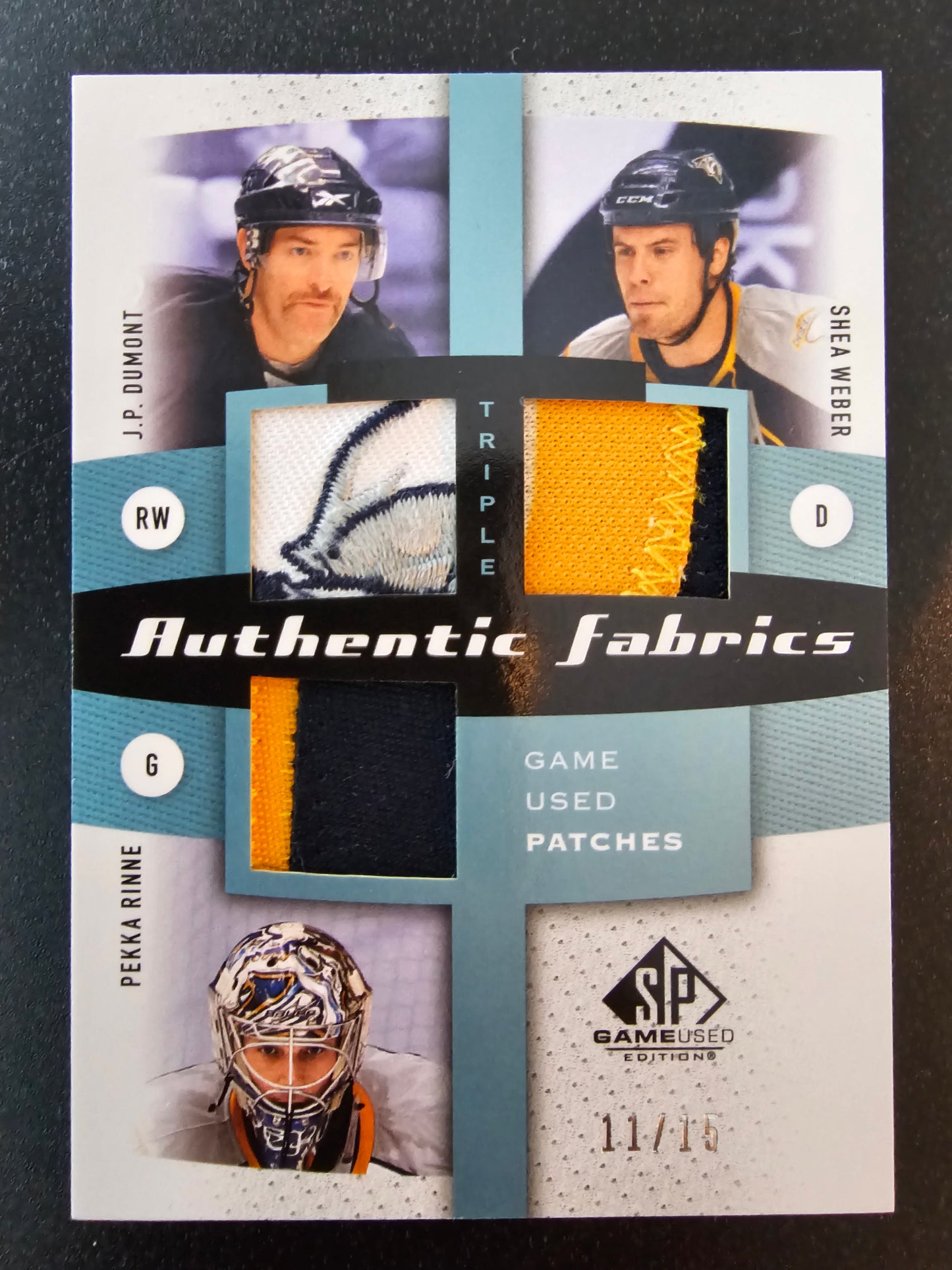 2010-11 Upper Deck SP Game Used Edition - Triple Authentic Fabrics Patches - J.P. Dumont / Shea Weber / Pekka Rinne #AF3-NSH /15