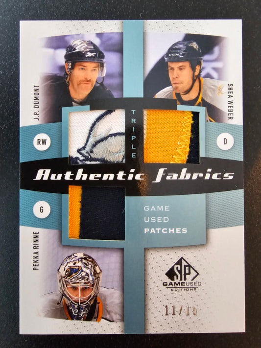 2010-11 Upper Deck SP Game Used Edition - Triple Authentic Fabrics Patches - JP Dumont / Shea Weber / Pekka Rinne #AF3-NSH /15
