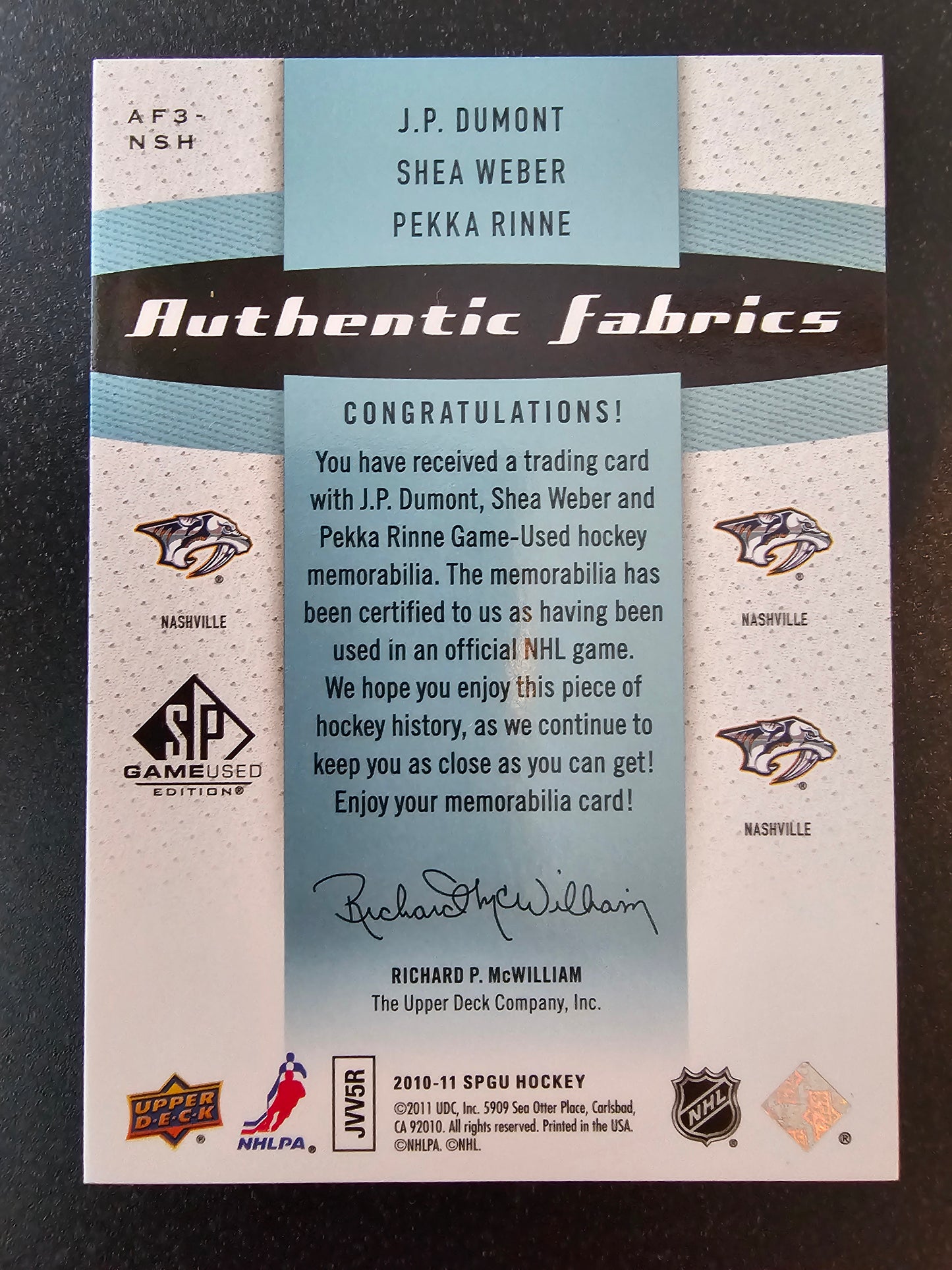 2010-11 Upper Deck SP Game Used Edition - Triple Authentic Fabrics Patches - J.P. Dumont / Shea Weber / Pekka Rinne #AF3-NSH /15