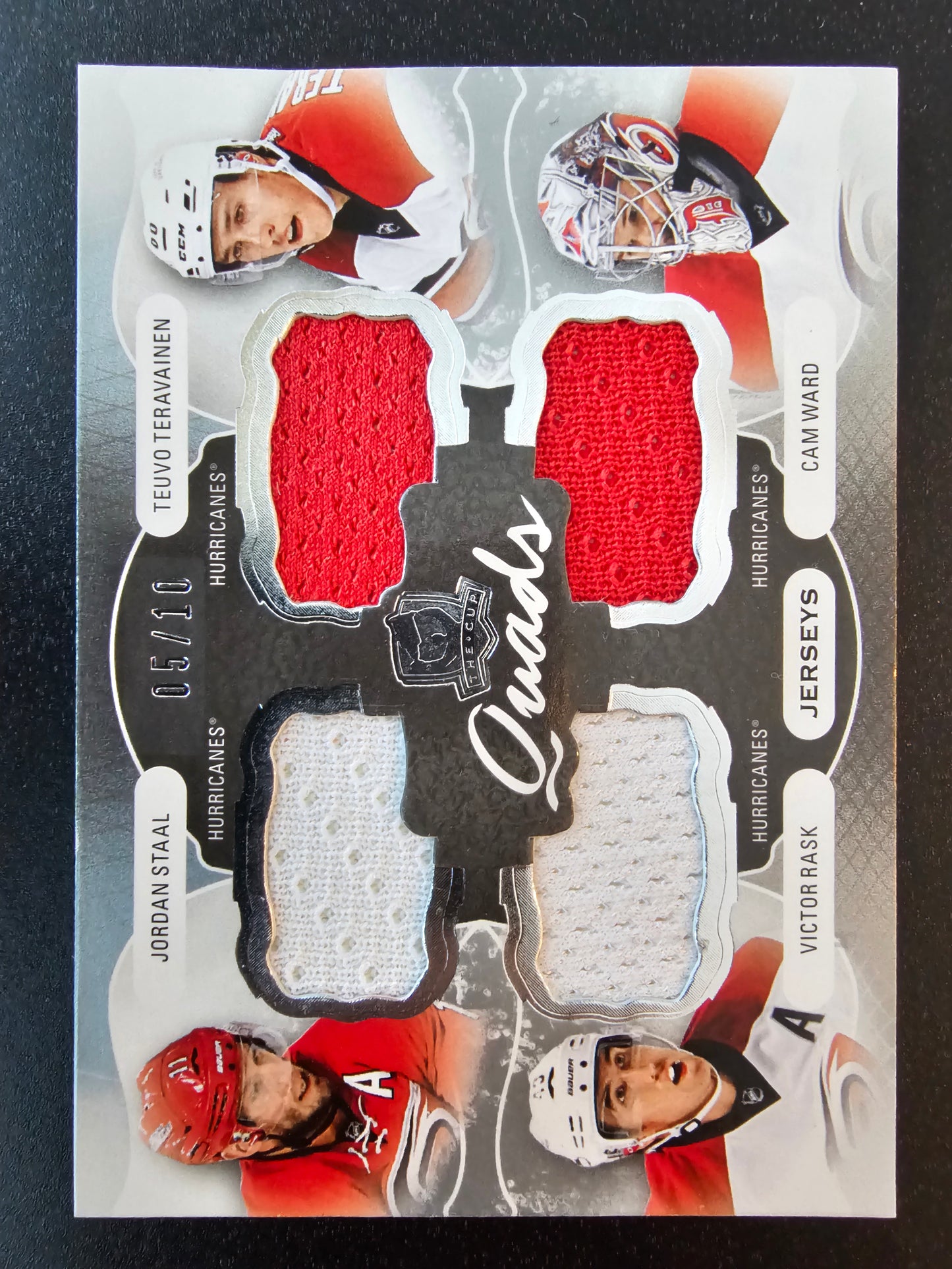 2016-17 Upper Deck The Cup - Cup Quads Jerseys - Jordan Staal / Teuvo Teravainen / Victor Rask / Cam Ward #C4-CAR /10