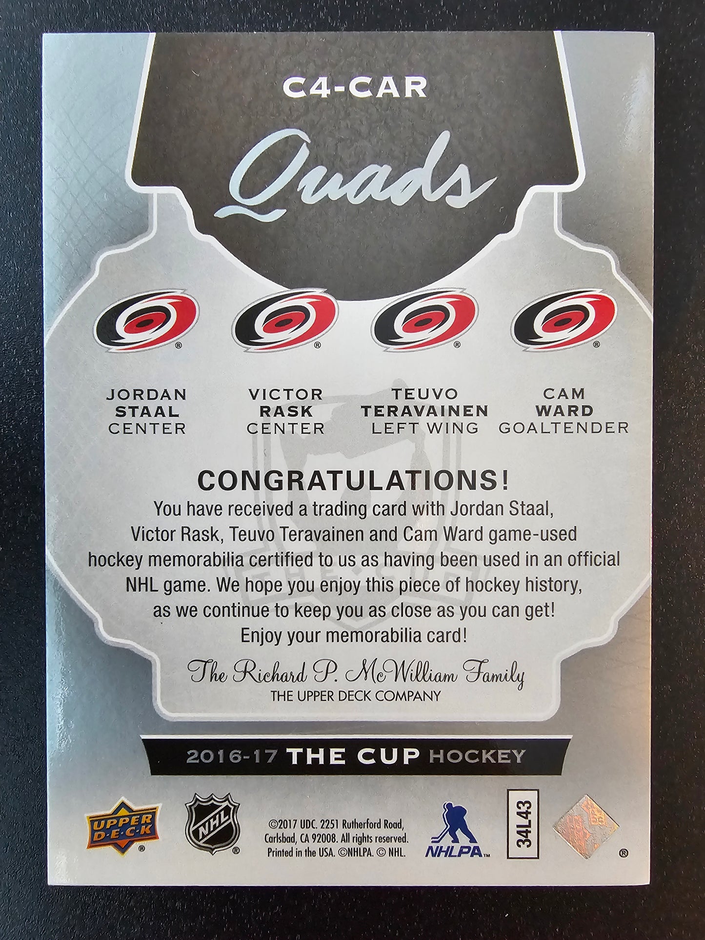2016-17 Upper Deck The Cup - Cup Quads Jerseys - Jordan Staal / Teuvo Teravainen / Victor Rask / Cam Ward #C4-CAR /10