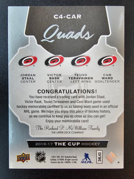 2016-17 Upper Deck The Cup - Cup Quads Jerseys - Jordan Staal / Teuvo Teravainen / Victor Rask / Cam Ward #C4-CAR /10