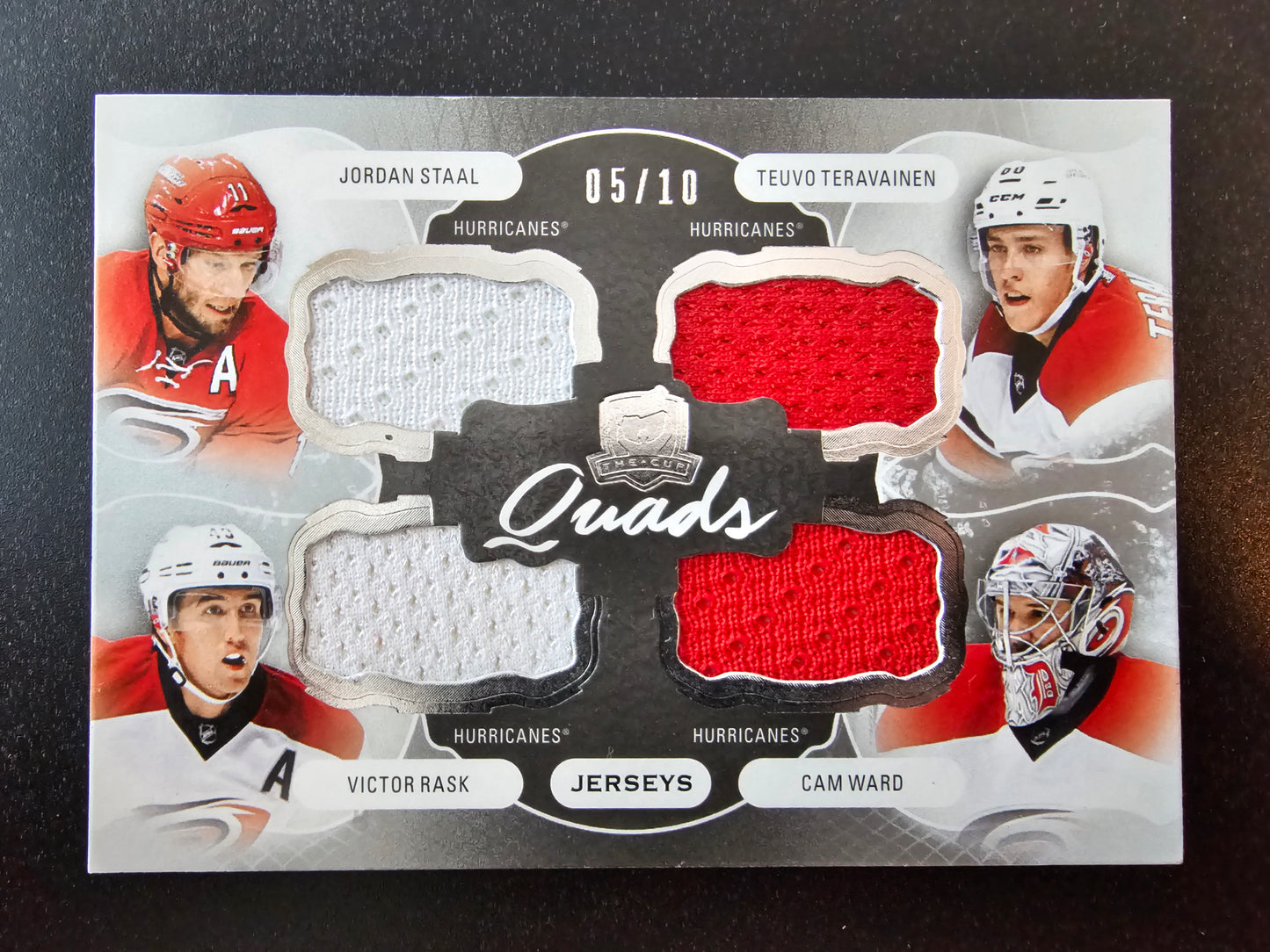 2016-17 Upper Deck The Cup - Cup Quads Jerseys - Jordan Staal / Teuvo Teravainen / Victor Rask / Cam Ward #C4-CAR /10