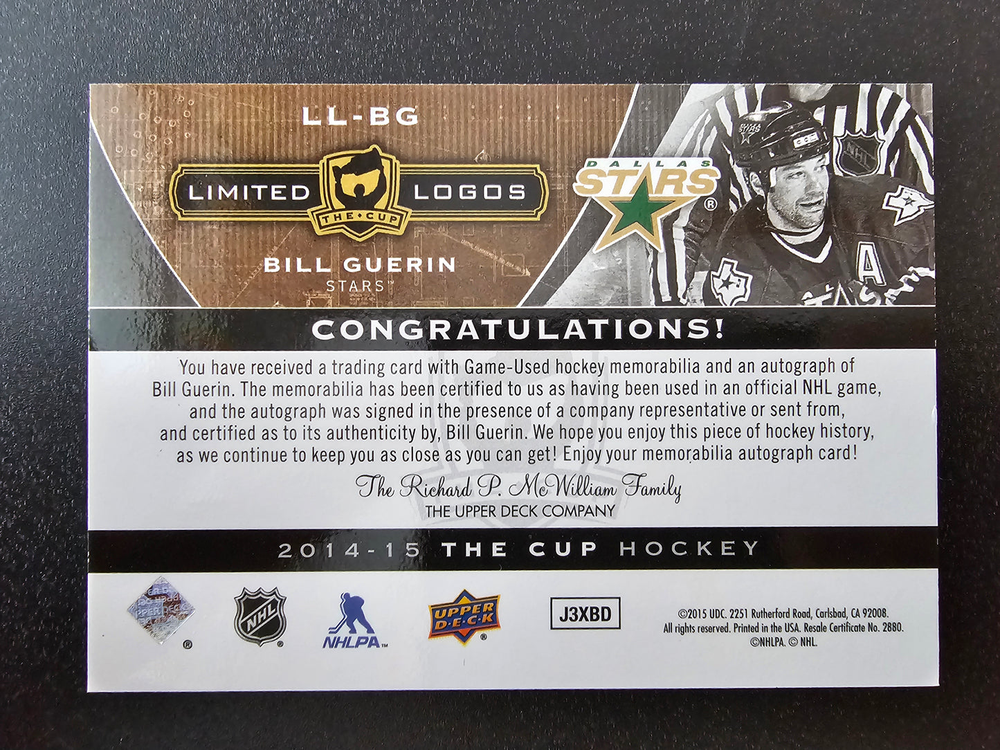 2014-15 Upper Deck The Cup - Limited Logos - Bill Guerin #LL-BG /50