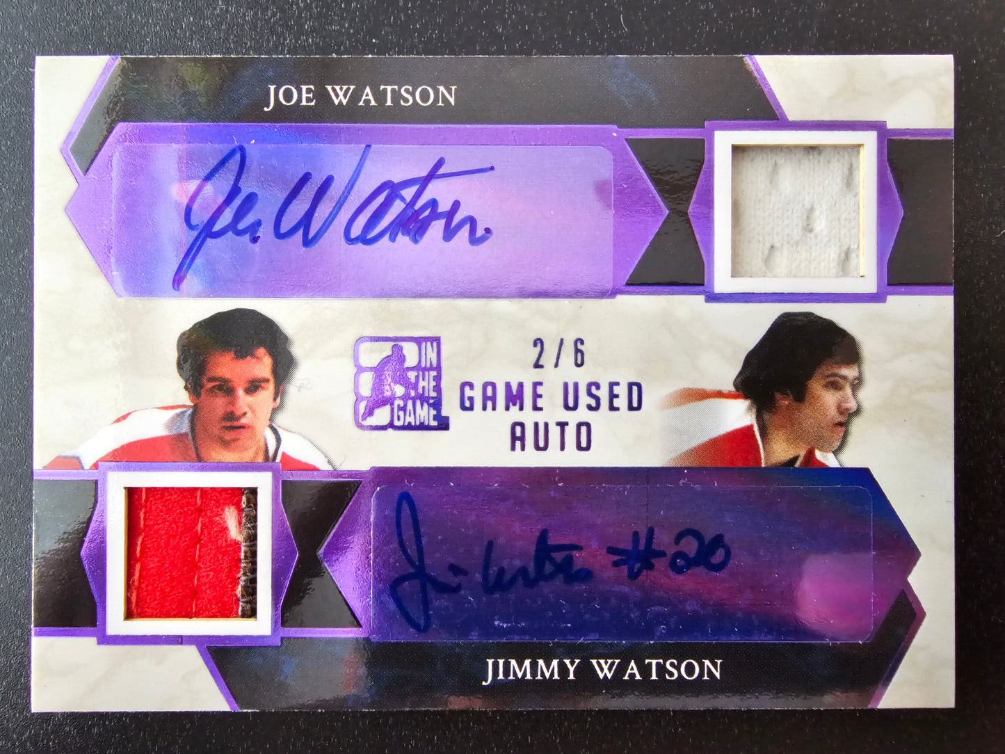 2017 Leaf In the Game Used - Game Used Auto Dual - Purple - Joe Watson / Jimmy Watson # GUA2-01 /6