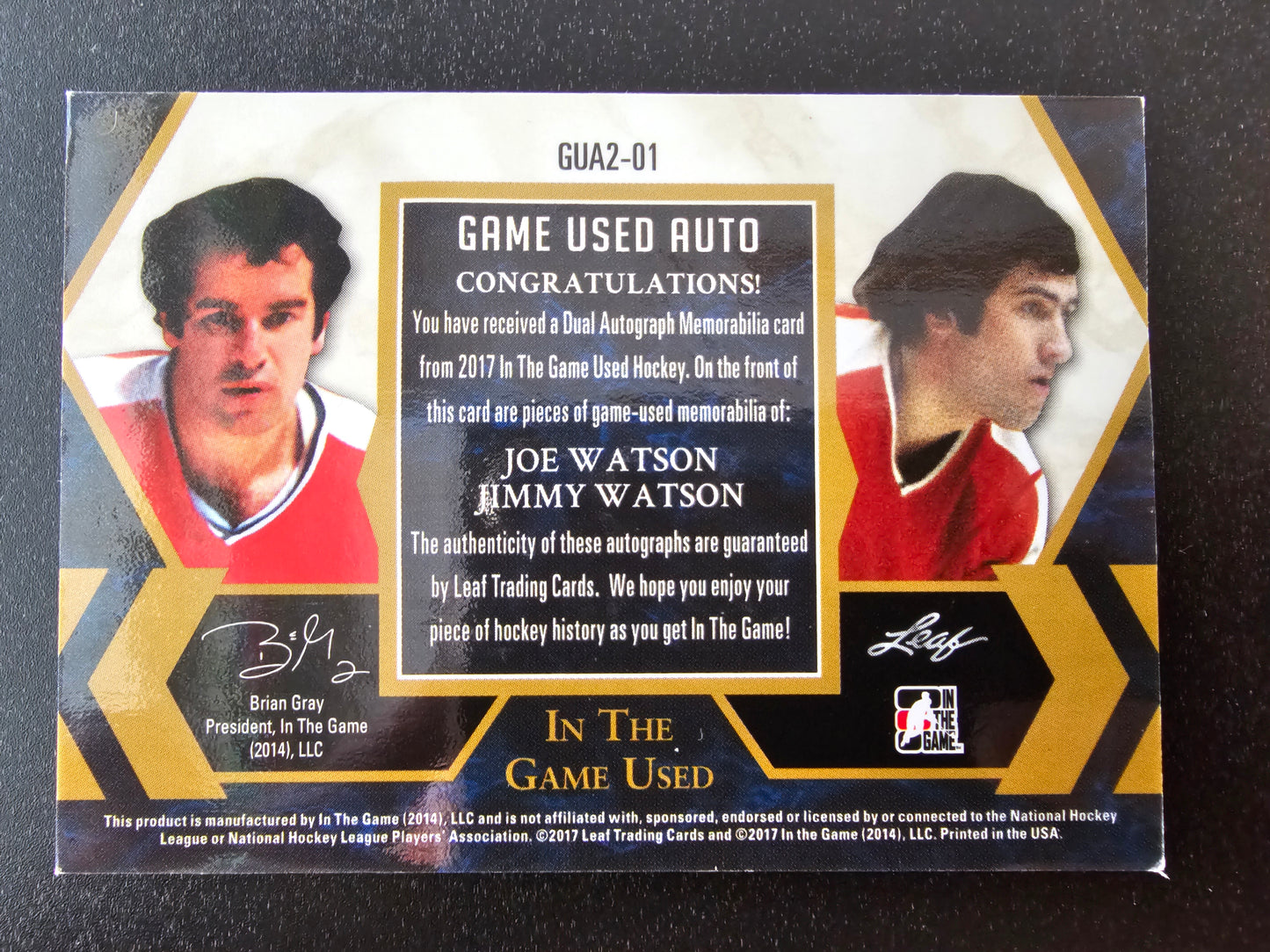2017 Leaf In the Game Used - Game Used Auto Dual - Purple - Joe Watson / Jimmy Watson # GUA2-01 /6