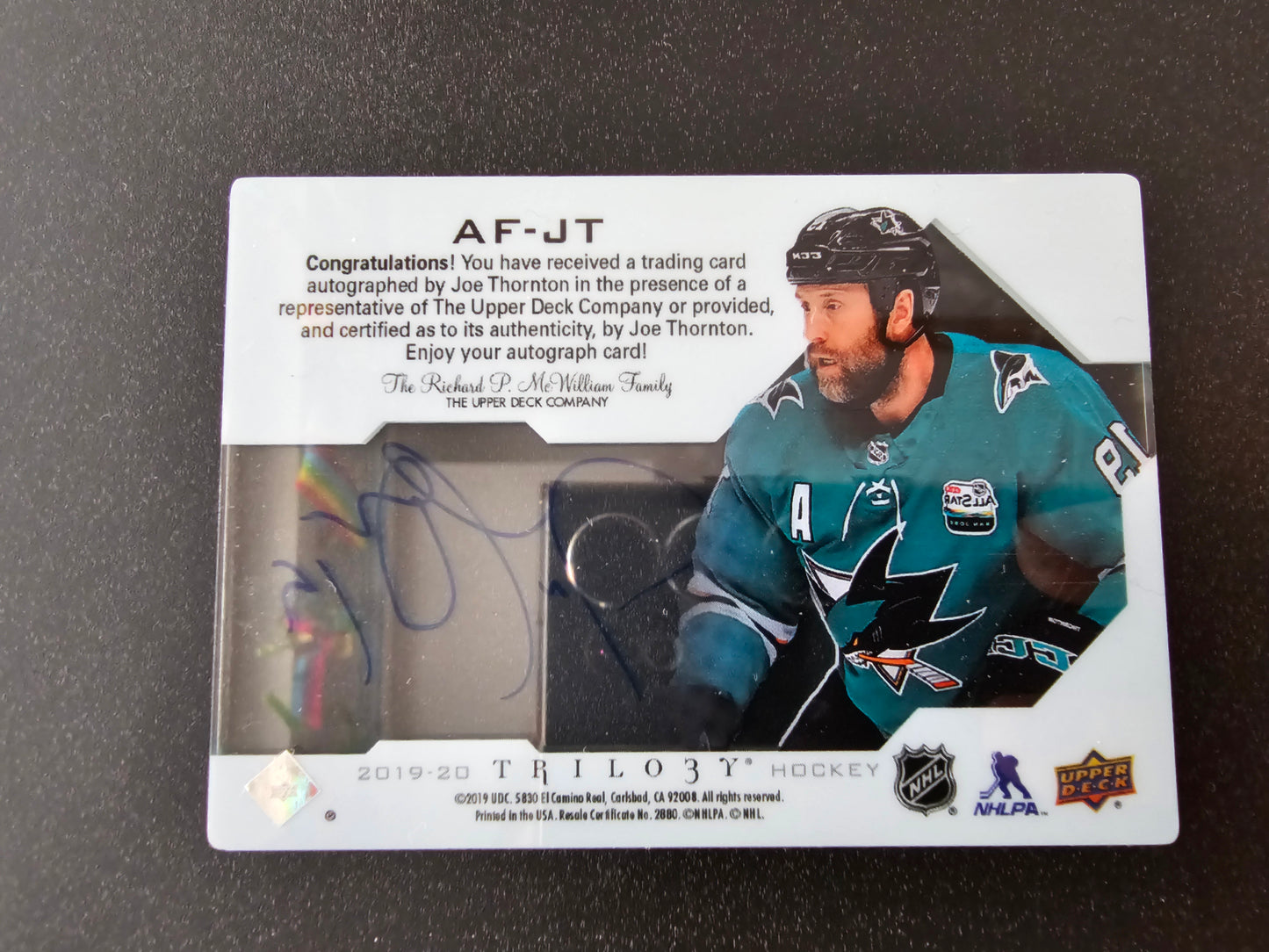 2019-20 Upper Deck Trilogy - Auto Focus Autographs - Joe Thornton #AF-JT