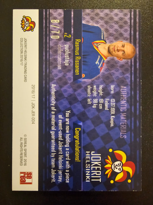 2016-17 Cereal Jokerit Authentic Materials - Rasmus Rissanen #JOK-JER-004 /70