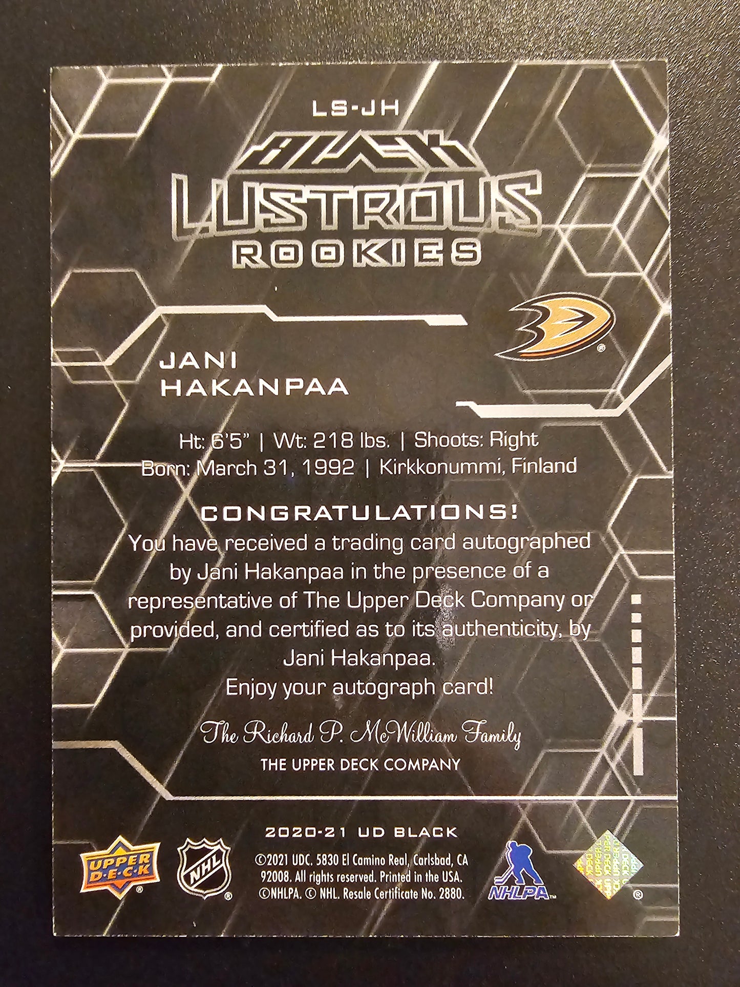 2020-21 Upper Deck SPx - UD Black Lustrous Rookie Signatures - Jani Hakanpaa #LS-JH /299 RY
