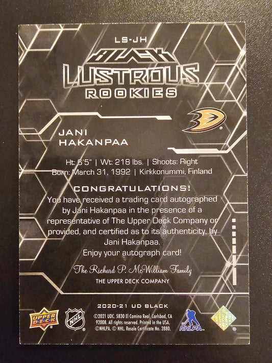 2020-21 Upper Deck SPx - UD Black Lustrous Rookie Signatures - Jani Hakanpaa #LS-JH /299 RY