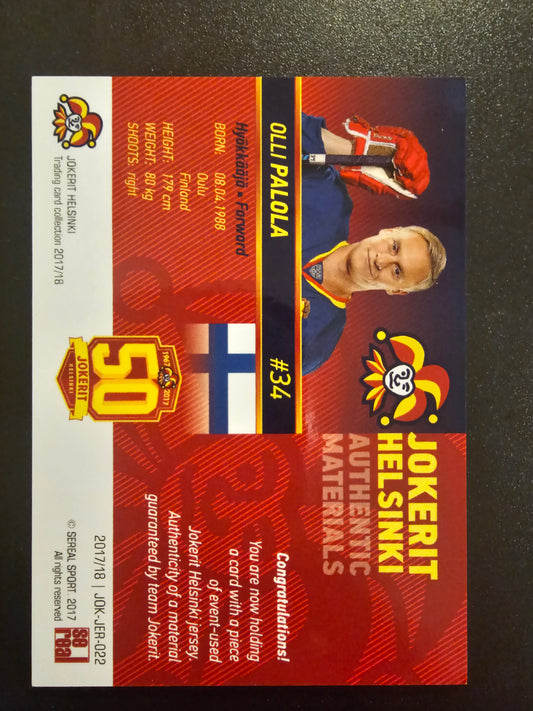 2017-18 Cereal Jokerit Authentic Materials - Olli Palola #JOK-JER-022 /50