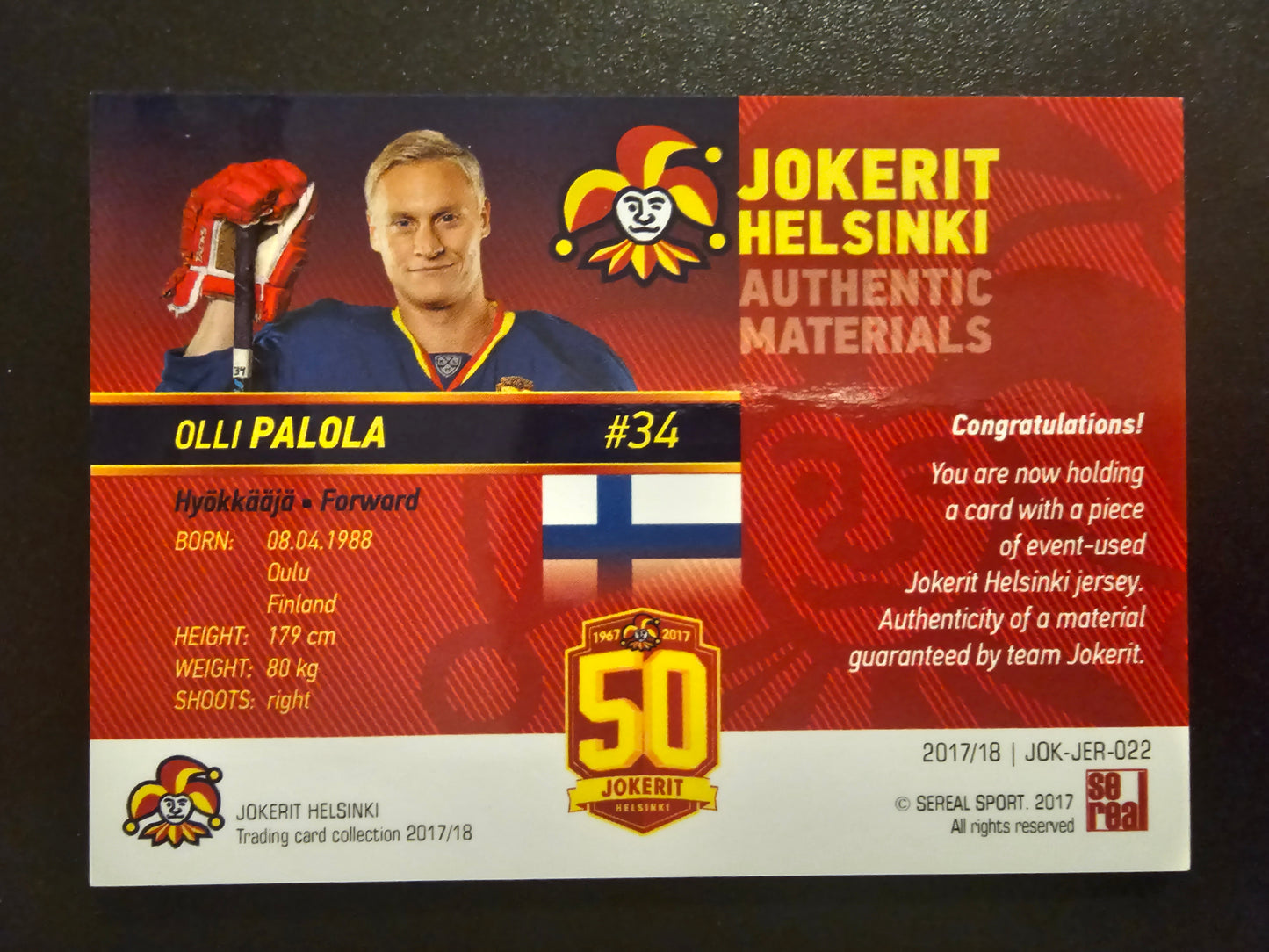 2017-18 Cereal Jokerit Authentic Materials - Olli Palola #JOK-JER-022 /50