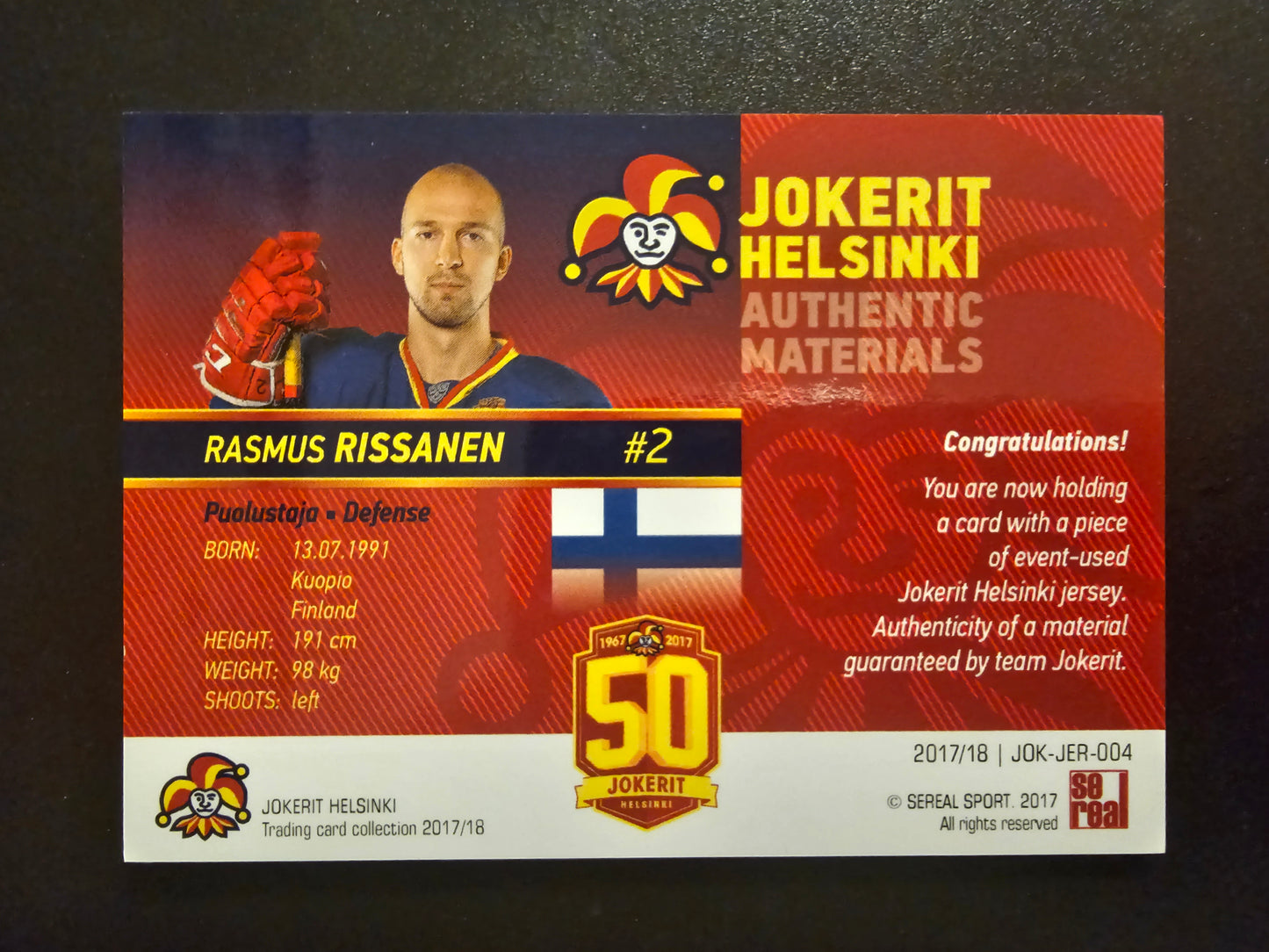 2017-18 Cereal Jokerit Authentic Materials - Rasmus Rissanen #JOK-JER-004 /50