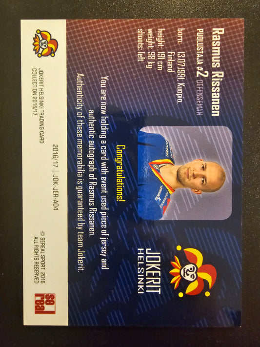 2016-17 Sereal Jokerit Authentic Jersey & Autograph - Rasmus Rissanen #JOK-JER-A04 /50