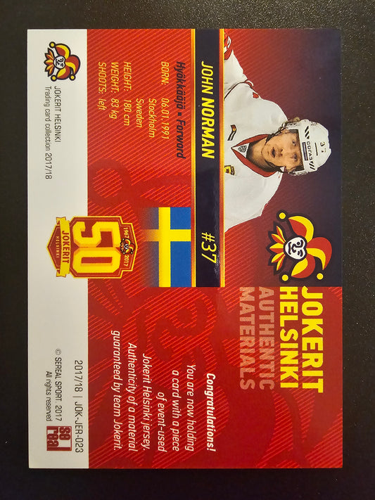 2017-18 Cereal Jokerit Authentic Materials - John Norman #JOK-JER-023 /50