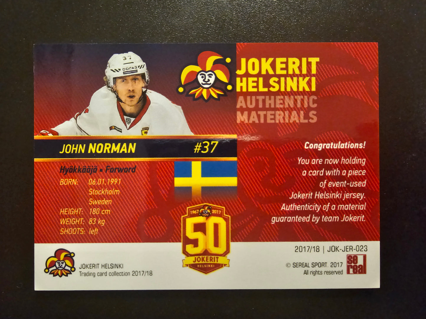 2017-18 Cereal Jokerit Authentic Materials - John Norman #JOK-JER-023 /50