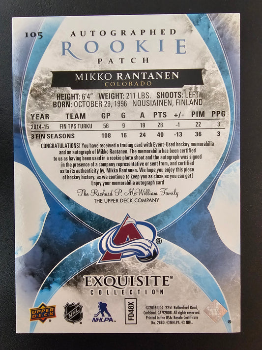 2015-16 Upper Deck The Cup - Exquisite Collection Rookie Autograph Patch - Mikko Rantanen #105 /96 RY