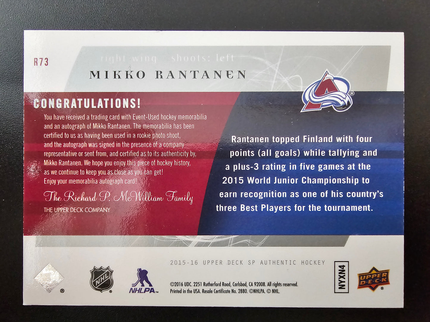 2015-16 Upper Deck SP Authentic - 2005-06 SP Retro Future Watch Auto Patch - Mikko Rantanen #R73 /25 RY