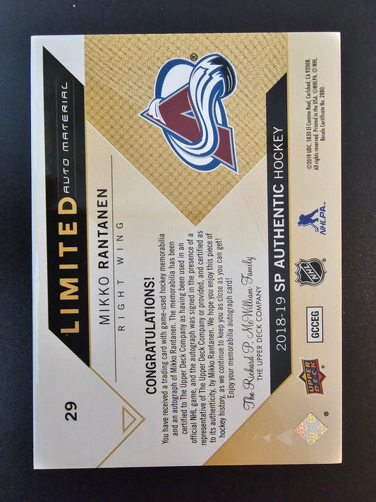 2018-19 Upper Deck SP Authentic - Limited Auto Material Mikko Rantanen #29 /50