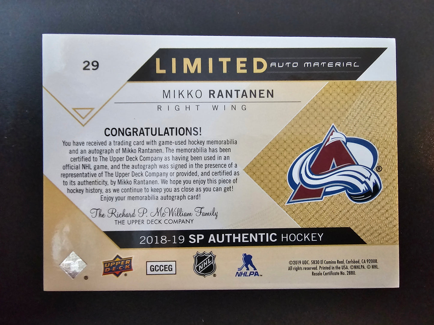 2018-19 Upper Deck SP Authentic - Limited Auto Material Mikko Rantanen #29 /50