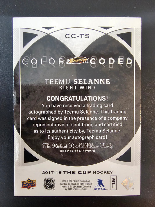 2017-18 Upper Deck The Cup - Color Coded Autographs - 2018-19 The Cup Update - Teemu Selanne #CC-TS /33