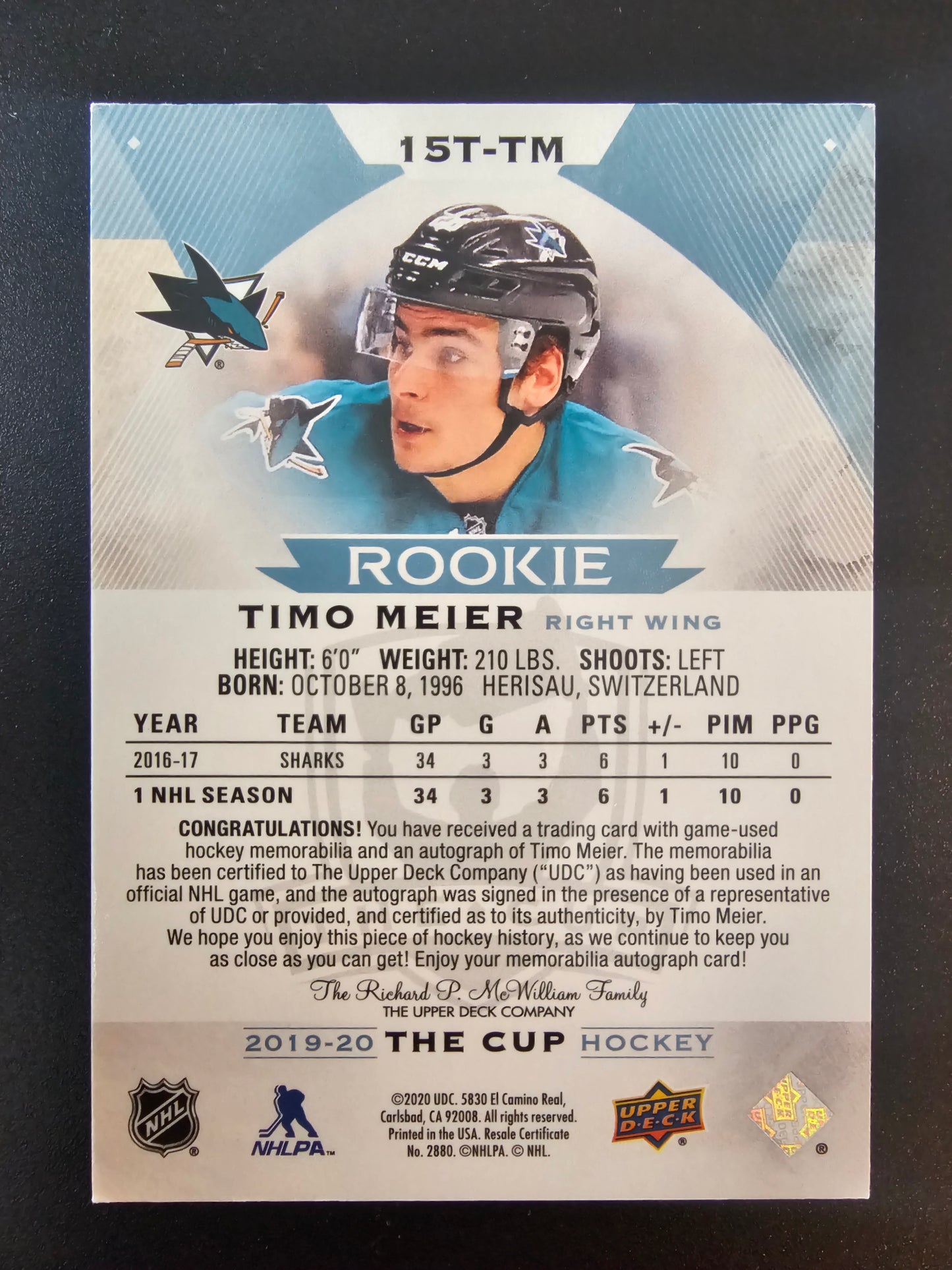 2019-20 Upper Deck The Cup - 2015-16 Rookie Tribute Autograph Patch - Timo Meier #15T-TM /10