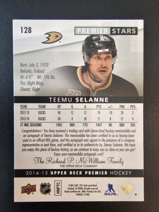 2014-15 Upper Deck Premier - Acetate Star Auto-Patch - Teemu Selanne #128 /49