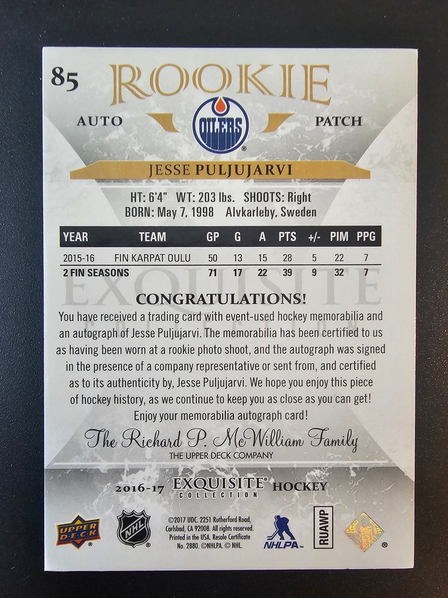 2016-17 Upper Deck The Cup - Exquisite Collection Rookie Auto Patch - Jesse Puljujarvi #85 /98 RY