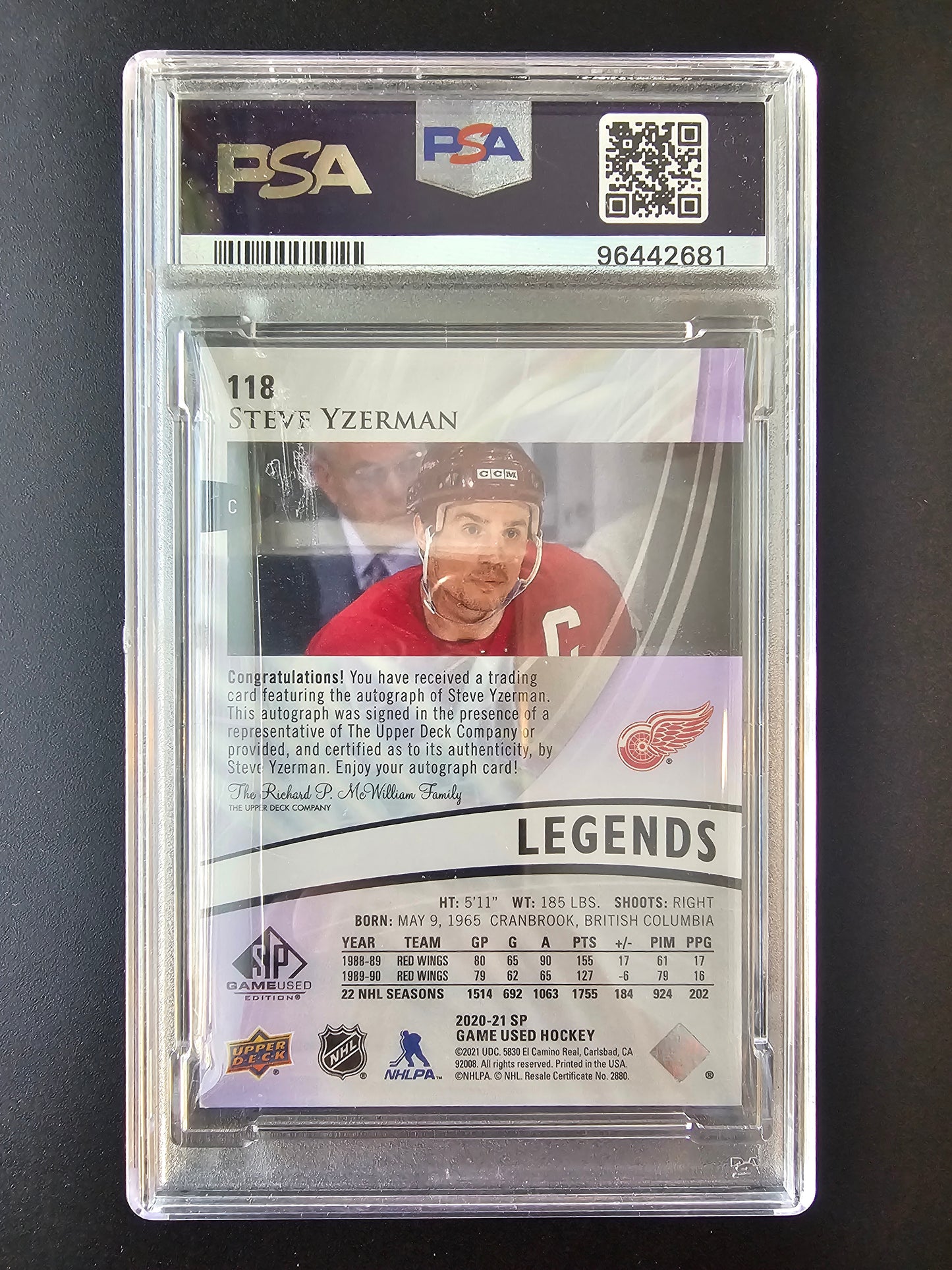 2020-21 Upper Deck SP Game Used - Purple Burst Legends - Steve Yzerman #118 /5 PSA9