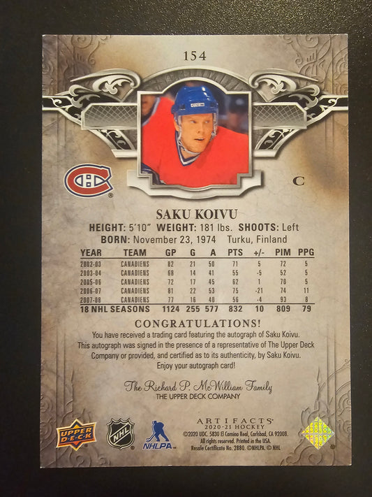 2020-21 Upper Deck Artifacts - Black Legends Autograph - Saku Koivu #154 /5