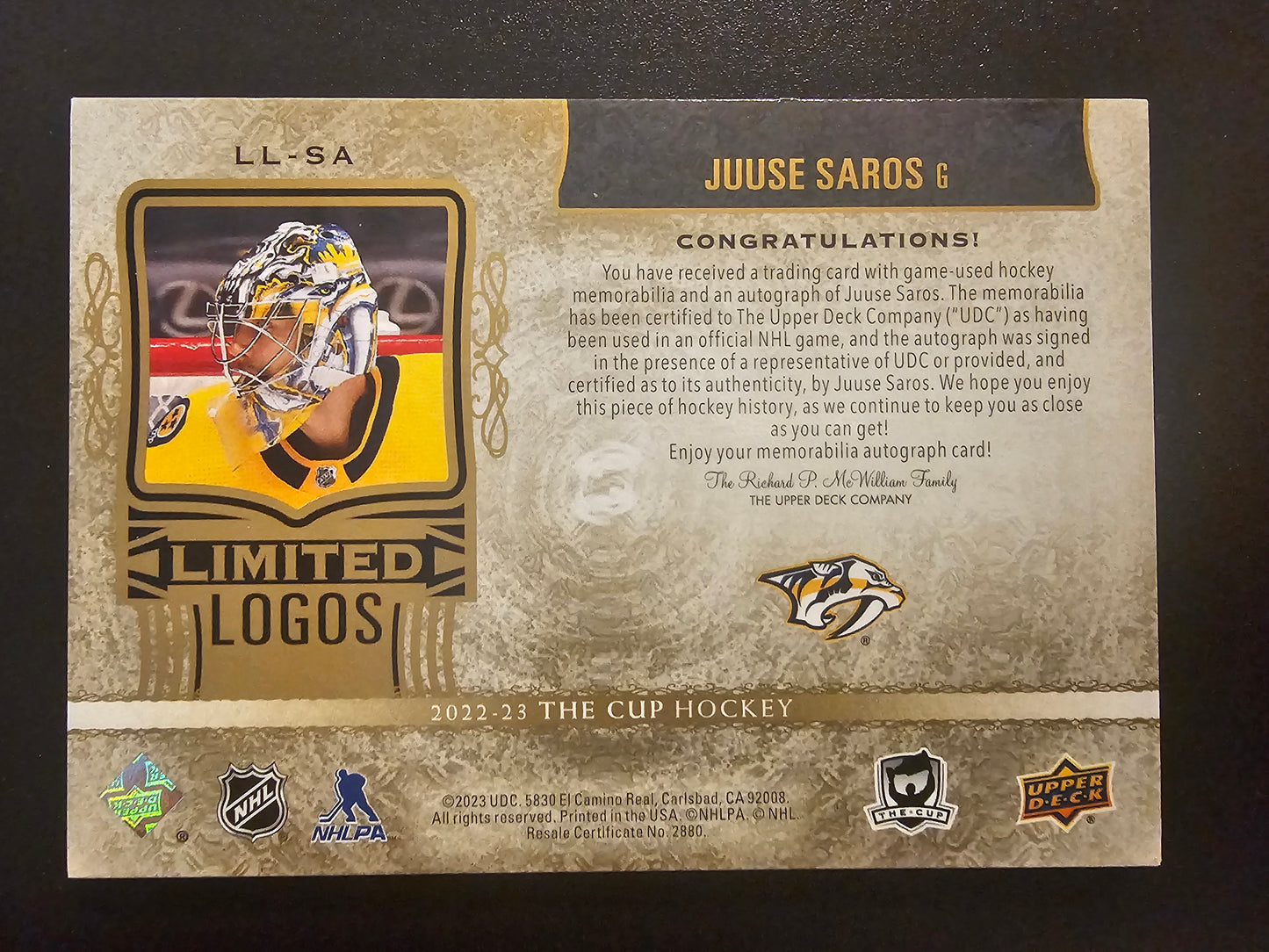 2022-23 Upper Deck The Cup - Limited Logos - Juuse Saros #LL-SA /50